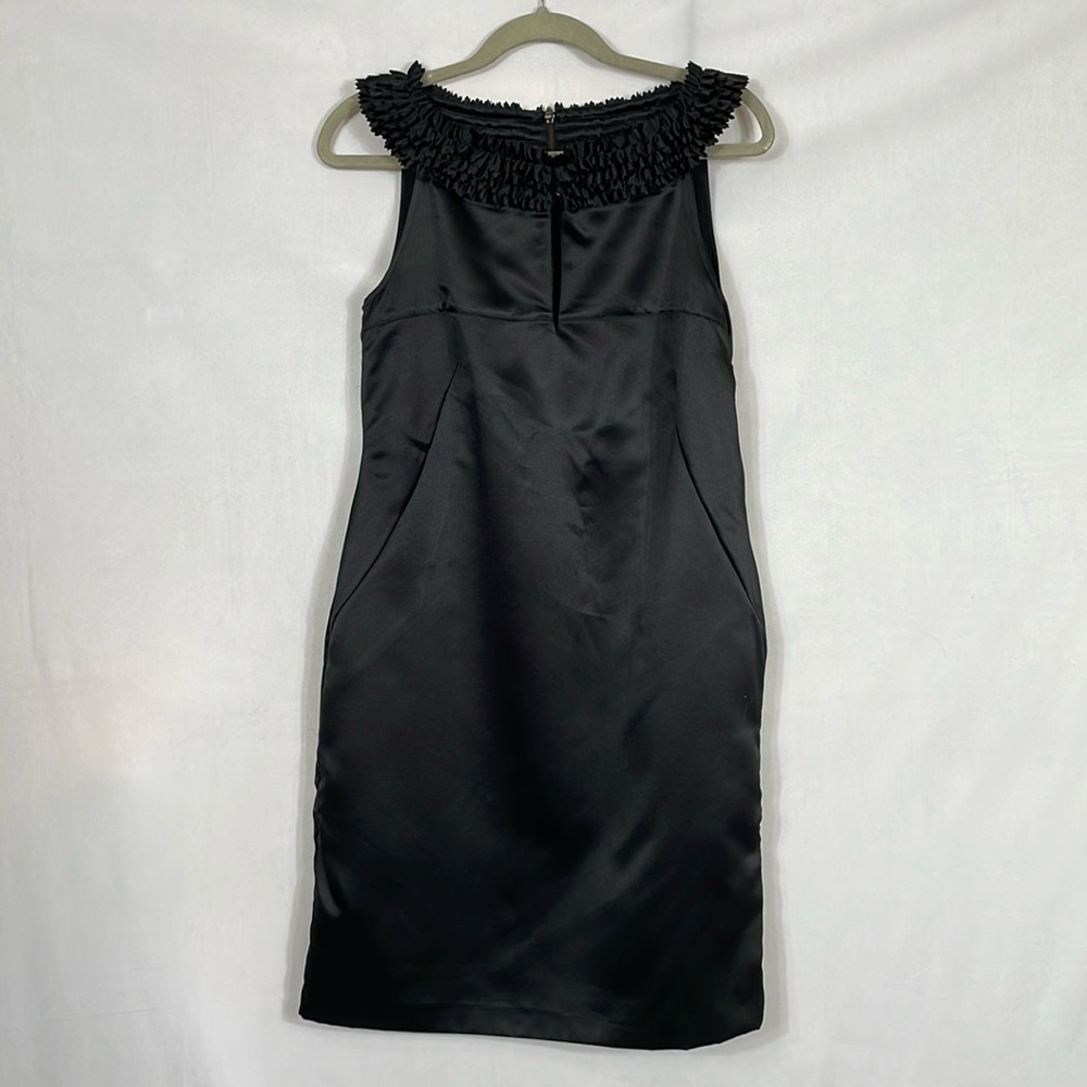 Ted Baker Dress Size 3 US8 Black Satin Cocktail Ruffle Neckline EUC